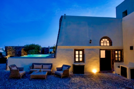 Mansion Kyani heritage villa night exterior in Megalochori Santorini