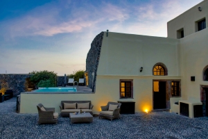 Mansion Kyani heritage villa exterior in Megalochori Santorini night