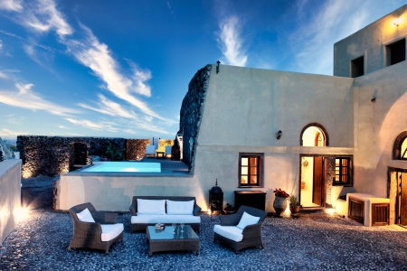 External view of Mansion kyani heritage villa in Megalochori Santorini