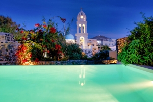Private swimming pool at Mansion Kyani surrounded by Mediterranean garden night
