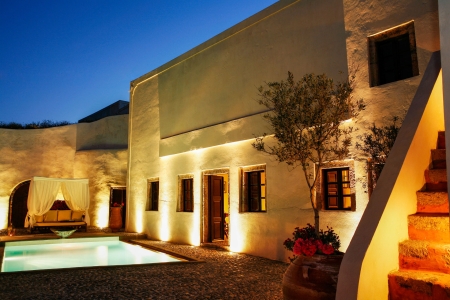 External night photo of Mansion Sophia heritage villa in Megalochori Santorini