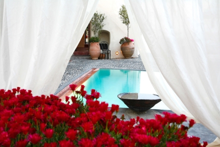 Mansion Sophia heritage pool and flowers in Megalochori Santorini