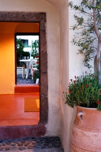 Mansion Sophia heritage kitchen entrance in Megalochori Santorini