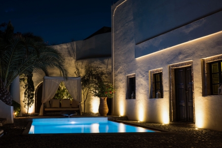 Mansion Sophia pool by night in Megalochori Santorini