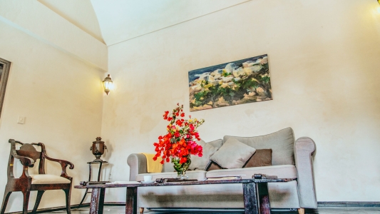 Living room couch of Mansion sophia heritage villa in Megalochori Santorini