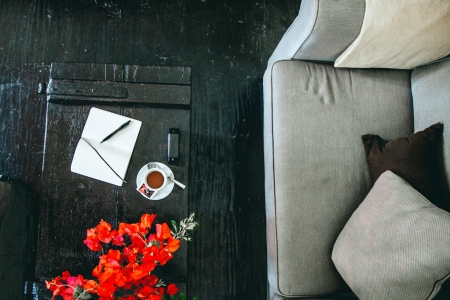 Living room detail of Mansion sophia heritage villa in Megalochori Santorini