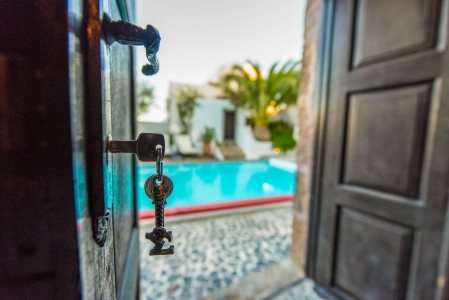 key and door of Mansion sophia heritage villa in Megalochori Santorini