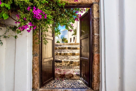 Entrance and steps of Mansion sophia heritage villa in Megalochori Santorini